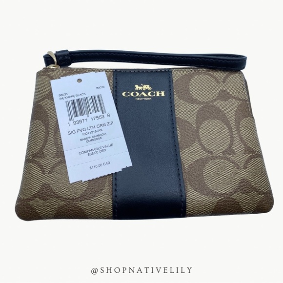 Coach Corner Zip Logo Wristlet In Signature Canvas With Stripe | Khaki/Black - Picture 10 of 11